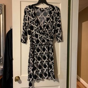 Black and Cream Geometric Wrap Dress